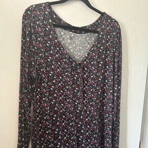 Black Floral Button-Front Long Sleeve Dress NWT